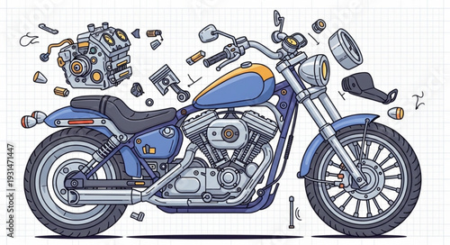 Exploded view illustration of a blue motorcycle with engine and parts.