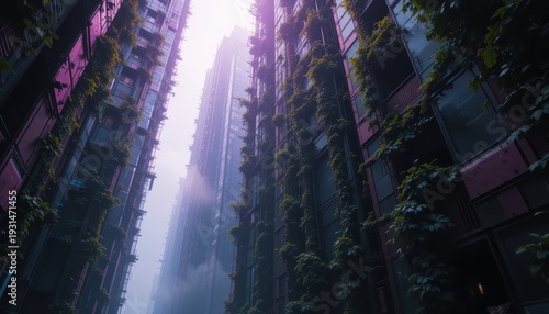 Tall futuristic skyscrapers covered in green climbing plants amidst a foggy purple haze