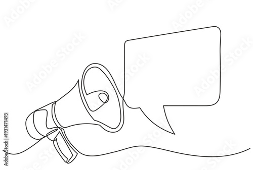 One continuous line drawing of a megaphone projecting a speech bubble, black line art on a white background. Concept of announcement, marketing, communication, and public message.
