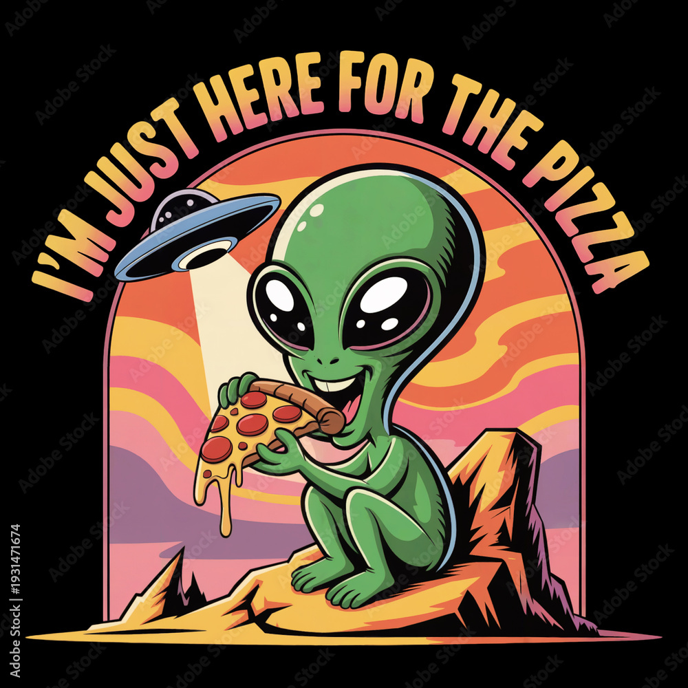 Fototapeta premium A friendly alien is depicted enjoying a slice of pizza while sitting on a rocky surface.