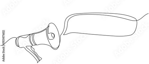 One continuous line drawing of a megaphone projecting a speech bubble, black line art on a white background. Concept of announcement, marketing, communication, and public message.