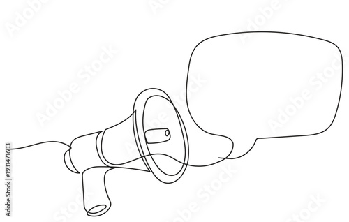 One continuous line drawing of a megaphone projecting a speech bubble, black line art on a white background. Concept of announcement, marketing, communication, and public message.