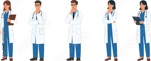 Professional doctors team vector illustration set with male and female medical staff isolated on light background