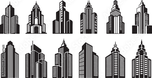 Black and white cityscape with multiple skyscrapers and high rise buildings