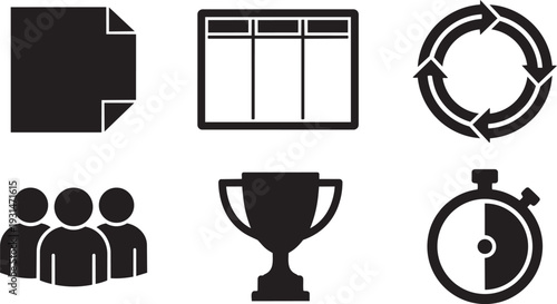 Agile Methodology, Scrum Process and Project Management Framework Geometric Silhouette Icon Set Vector Illustration