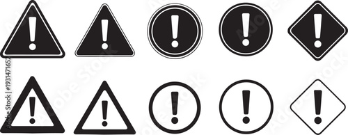 Variety of exclamation mark warning signs in different shapes