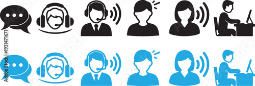 Collection of customer service and communication icons in black and blue