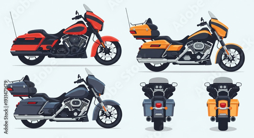 Collection of touring motorcycles in different colors and views.