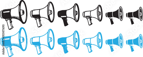 A collection of megaphone icons in black and blue colors for communication and announcement purposes