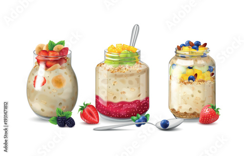 Isolated Realistic Overnight Oats Icon Set