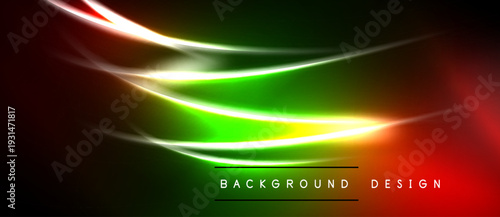 Abstract neon lines create vibrant energy. Green, red, yellow hues blend against dark backdrop. Modern design element.