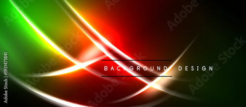 Abstract neon lines create vibrant red, green gradients. Dark background emphasizes glowing curves, modern design elements.