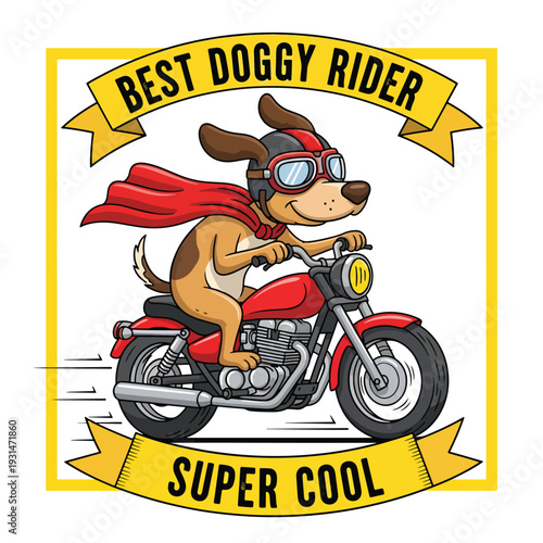 Cool Cartoon Dog Superhero Riding Motorcycle with Cape and Goggles - Fun Vector Graphic Adventure