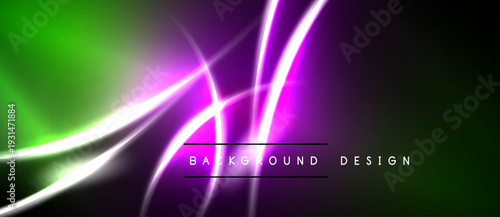 Abstract background features vibrant green, purple, white light streaks. Dark space dominates composition, creating dynamic visual effect.