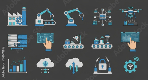 Modern Industrial Technology and Automation Icons Set.
