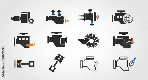Collection of car engine icons and symbols for automotive industry.