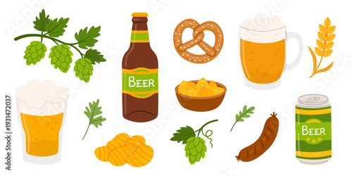 Beer and salty snacks set. Alcohol drinks in  bottle, glass mug and can. Pretzel, chips, sousage, nachos on white background. Flat vector illustration.