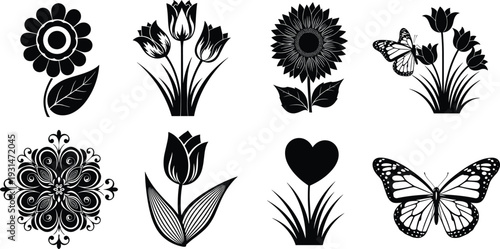 Collection of black and white floral and butterfly with intricate patterns and shapes flowers tulips