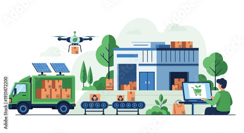 Sustainable E-commerce Logistics: Green Delivery, Solar Trucks, Drone Shipping & Online Shopping Illustration
