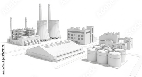 Industrial factory complex with cooling towers and storage tanks.