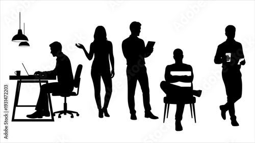 Professionals in various poses and actions in a modern workspace setting, captured from a straightforward viewpoint, featuring remote work scenario similar to remote-6.eps