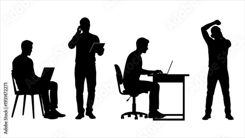 Silhouetted figures of people working and communicating in various office settings and postures from a side viewpoint
