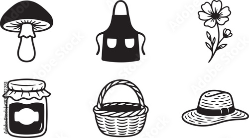 Cottagecore Aesthetic, Rural Lifestyle and Homemade Nature Inspired Silhouette Icon Set Vector Illustration