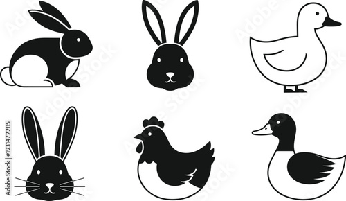 Six black and white animal including rabbits ducks and a chicken animal black and white simple