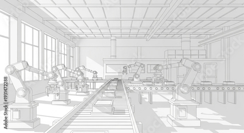 Automated Robotic Arms in a Modern Factory Production Line.