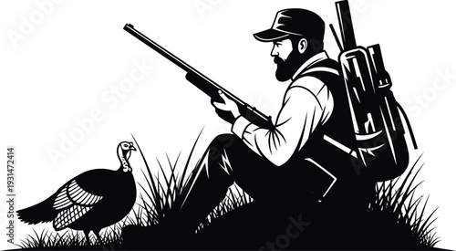 Hunter with rifle and backpack sitting in a field with a hat nearby, turkey hunting silhouette vector