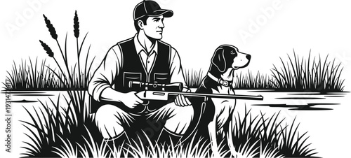 A man in a hat sitting on a grassy bank holding a Hunting rod and a Dog silhouette vector