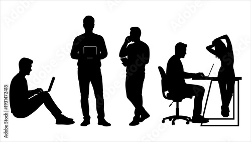 People in various remote work settings, laptop usage, office environments, and relaxed postures