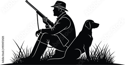 A silhouette of a hunter with a rifle and a dog in a grassy field silhouette vector