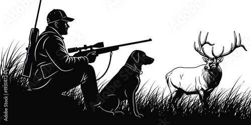 Hunter with dog and rifle aiming at a white-tailed deer in a field silhouette vector