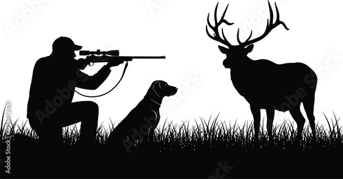 Hunter with rifle and dog aiming at a large deer in a grassy field silhouette vector