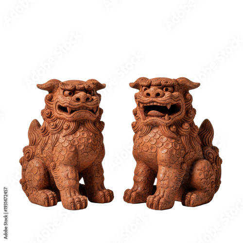 a pair of traditional okinawan shisa guardian statues, crafted from weathered reddish clay on a high-key studio background, emphasizing cultural guardianship concept