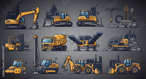 Collection of Construction Vehicles and Heavy Machinery Icons.