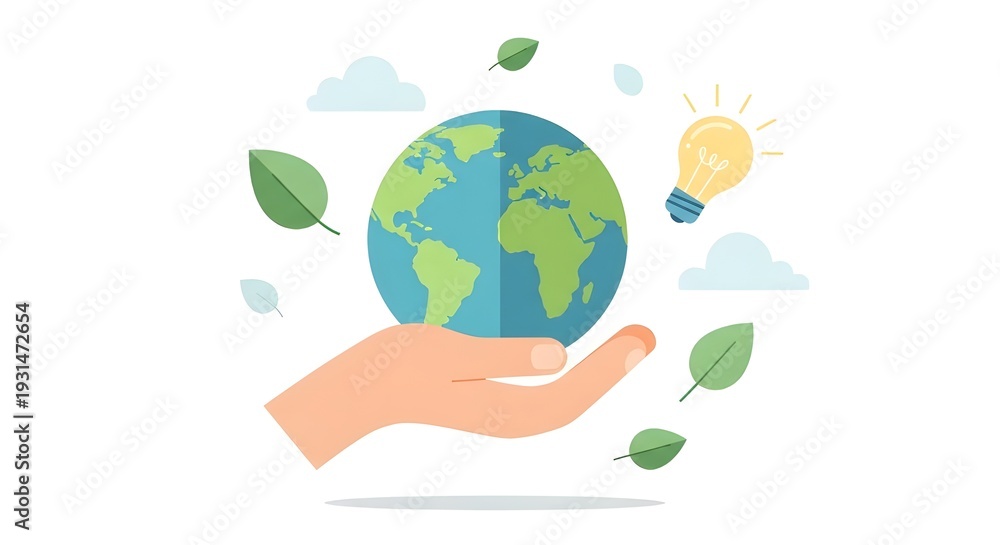Fototapeta premium Ilustración vectorial de la mano humana sosteniendo el globo terrestre, icono de reciclaje, bombilla, hojas y nubes. Concepto del Día Mundial del Medio Ambiente, Salvar la Tierra, sostenibilidad, est