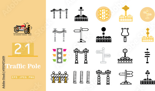 Collection of twenty-one traffic pole icons including road signs and street lights in flat vector style