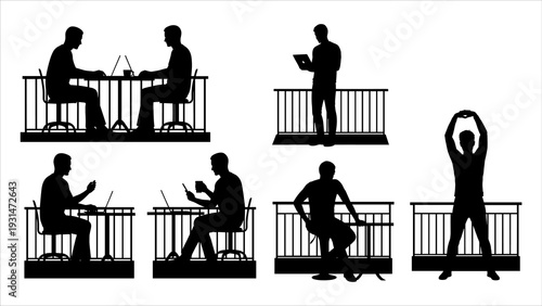 Silhouetted people working or relaxing on balconies viewed from a distance in a modern urban setting