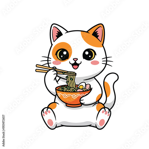 Adorable Vector Cartoon Cat Illustration Happily Eating Ramen Noodles