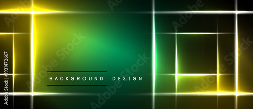 Abstract neon lights create geometric shapes. Green, yellow glow contrasts dark background. Modern design element.