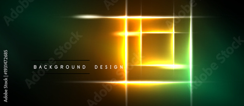 Abstract neon lines create glowing rectangles. Dark background contrasts bright yellow, green hues. Modern design element.