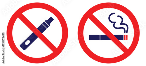 No vaping no smoking signs red prohibition circles with cigarette and vape symbols