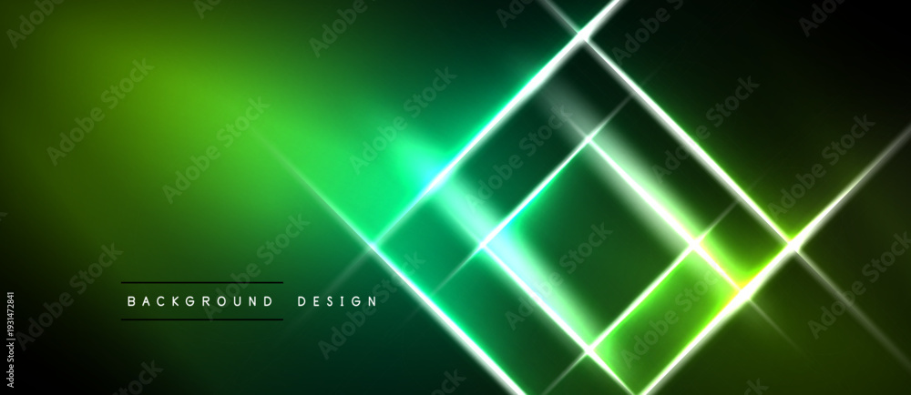 Naklejka premium Abstract green background features glowing lines forming geometric shapes. Dark areas contrast bright neon elements, creating dynamic visual effect.