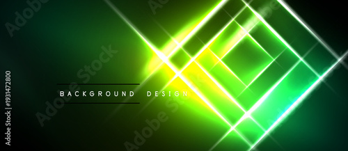Bright neon lines intersect, creating abstract geometric pattern. Vivid green, yellow hues dominate dark background. Modern design element.
