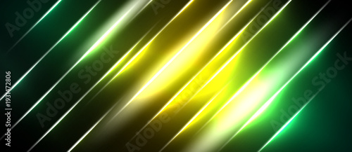 Abstract diagonal lines create vibrant energy. Yellow, green hues dominate dark background. Modern design, sleek presentation.