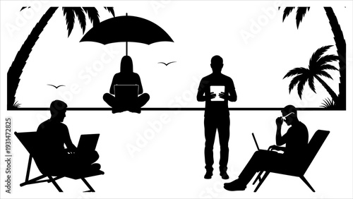 People working remotely on laptops under palm trees and umbrella on a beach