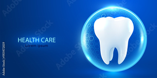 Protected healthy tooth in a futuristic transparent blue sphere, symbolizing dental health and care. Vector illustration
