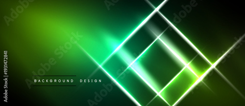Abstract green background features glowing lines forming geometric shapes. Dark areas contrast bright neon elements, creating dynamic visual effect.